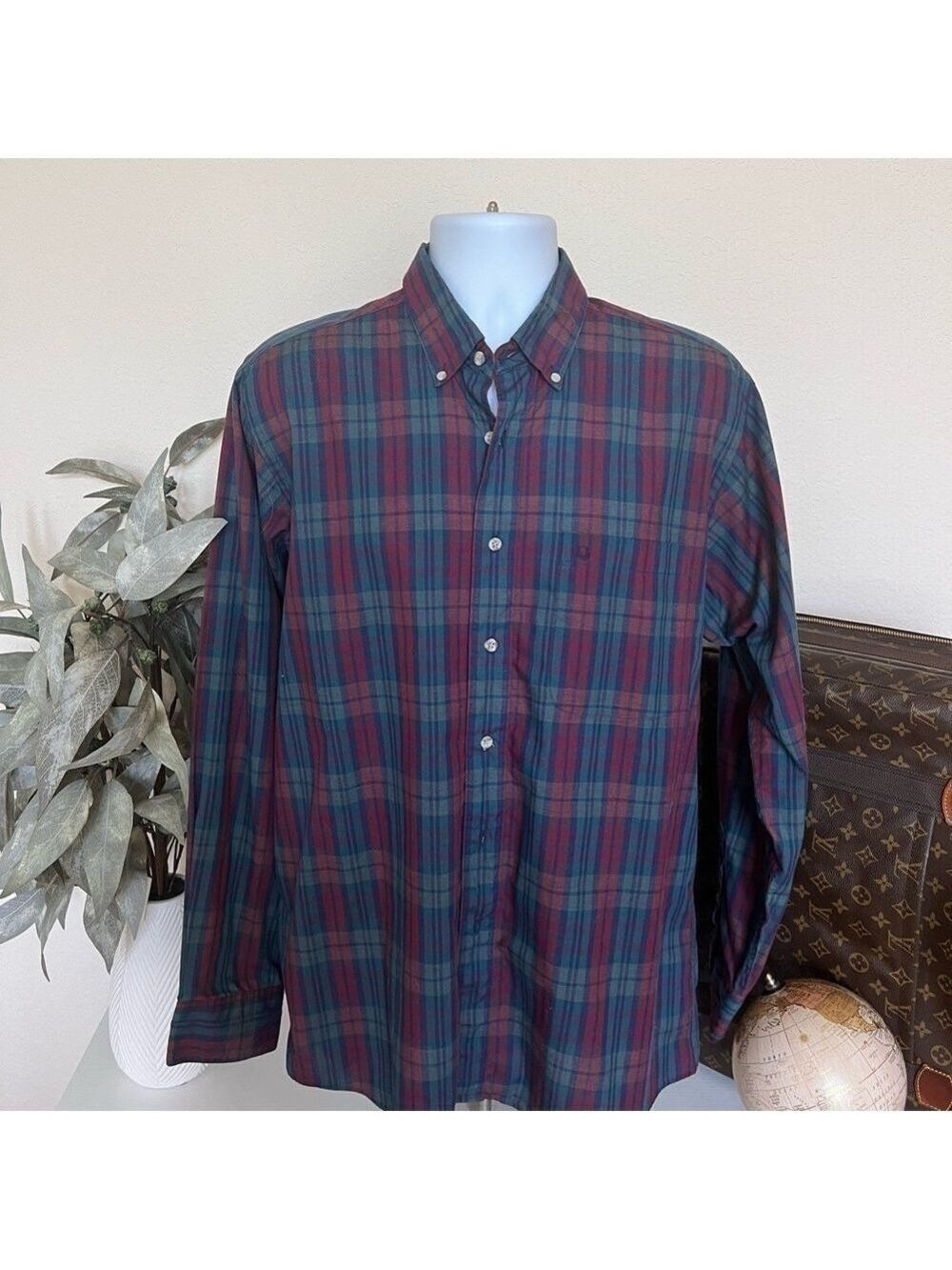 EUC Christian Dior Burgundy Green Plaid Print Button Up Shirt Sz L